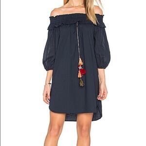 MISA Los Angeles Noemi XS Navy Off Shoulder Mini Dress Boho Tassel Puff Sleeve